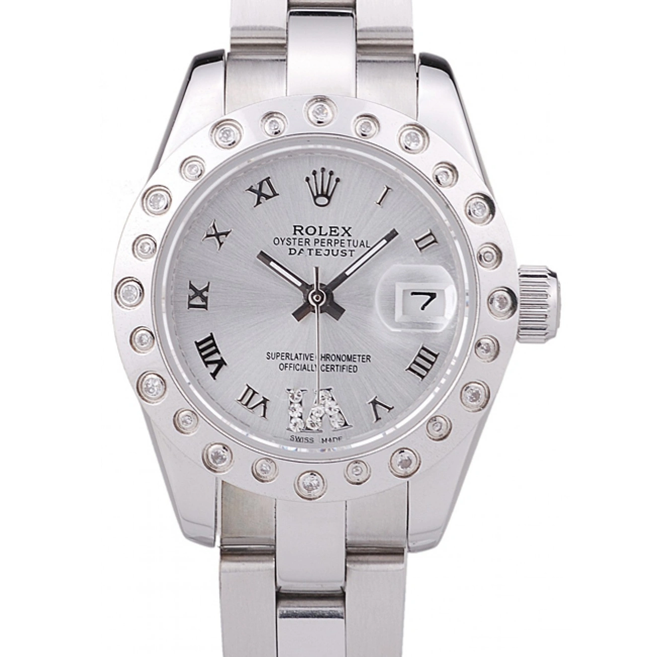 Aaa replica watch Polished Silver Datejust Dial Bezel 7474 Silver Rolex Diamonds 1026